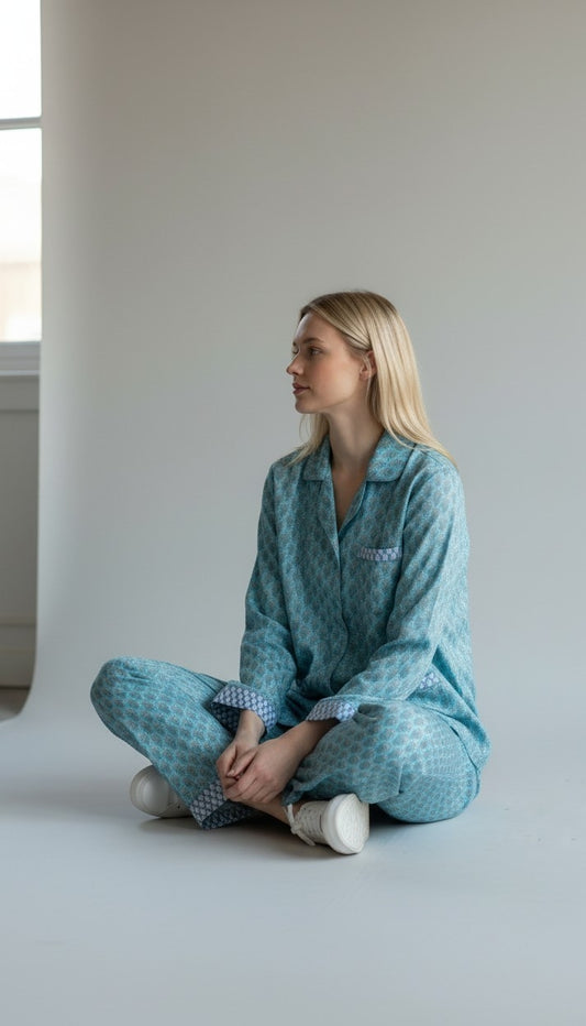 Set coordinato azzurro I Was A Sari sustainable fashion sets, L