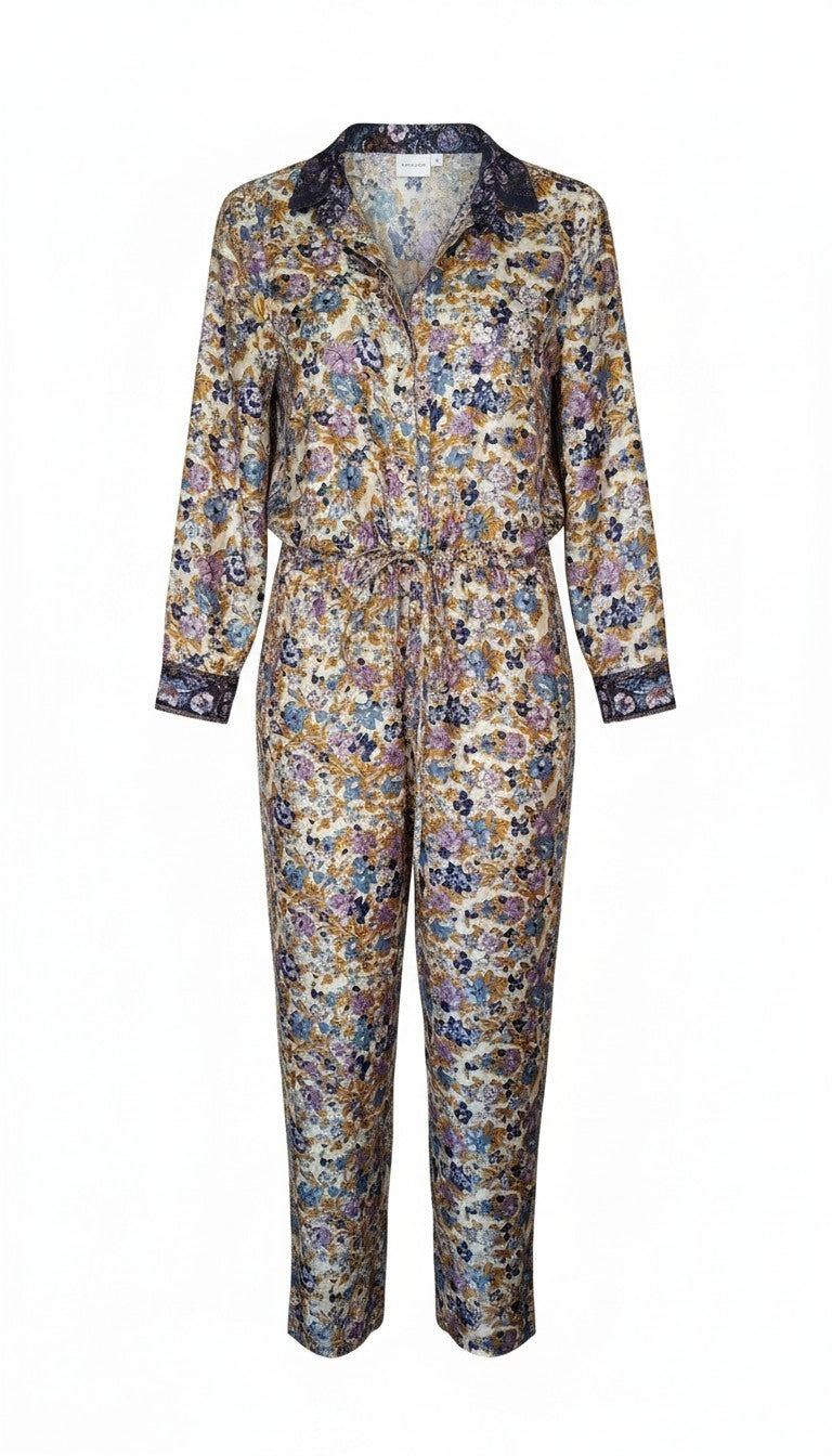Tuta jumpsuit fatta a mano bianca e blu I Was a Sari sustainable fashion, S