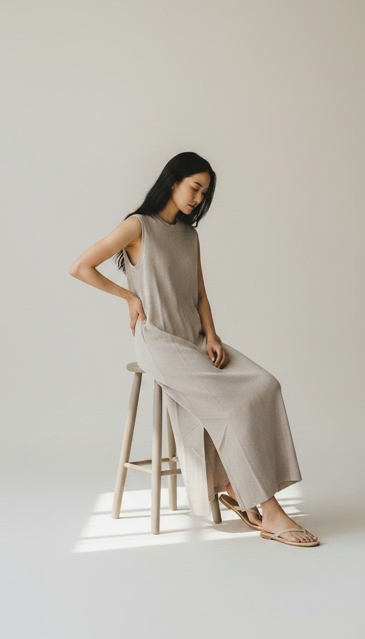 Vestito lungo elegante in cotonw riciclato e organico Rifò moda sostenibile e circolare, beige