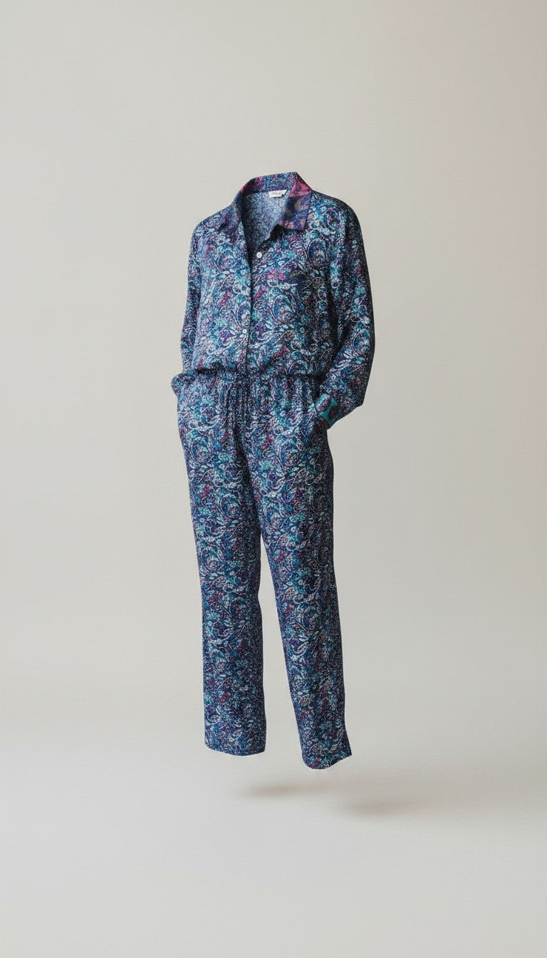 Tuta jumpsuit fatta a mano blu I Was a Sari sustainable fashion, L