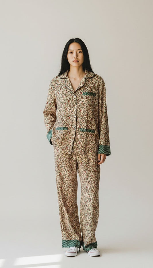 Set coordinato con dettagli verdi I Was a Sari sustainable fashion sets, S