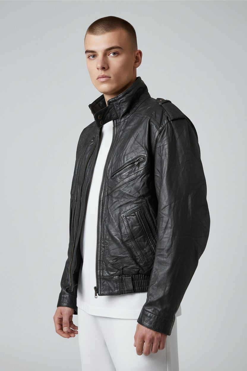 Vintage leather jacket with high neck